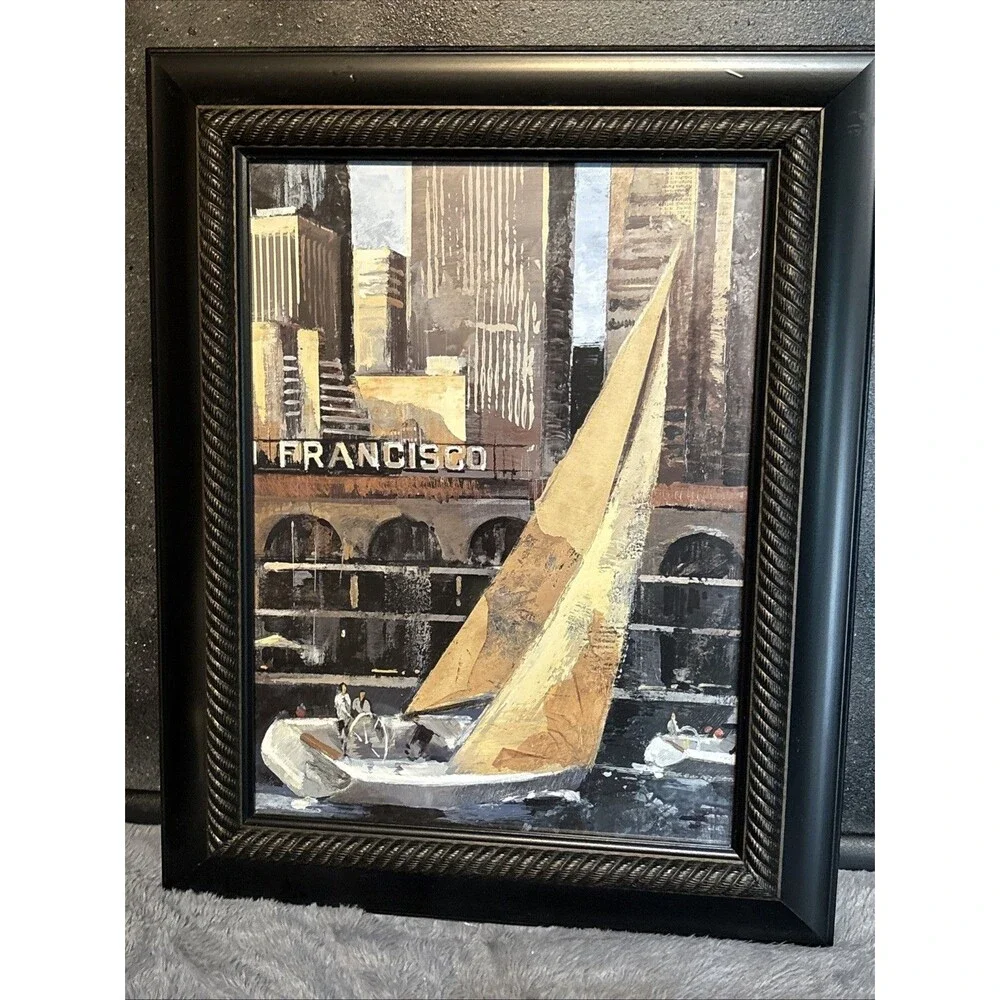 Sailboat Print in Dark Black Rope Edge Frame 16x20 San Francisco Nautical Glass